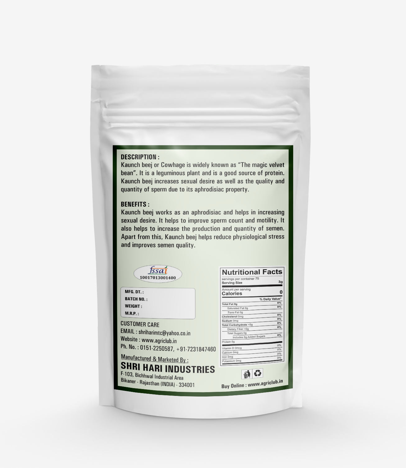 Dry Black Kaunch Seed Powder Premium Quality 200 GM