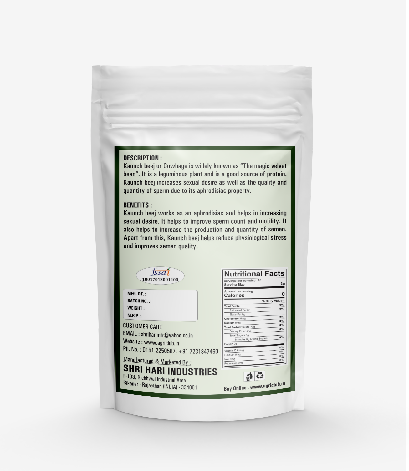 Dry White Kaunch Seed Powder Premium Quality 200 GM